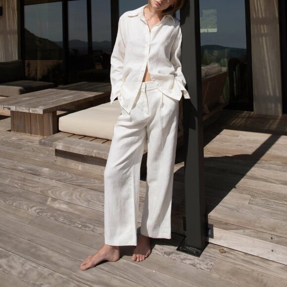 Oak + Fort 100% Linen Straight Wide Leg Trouser Pants Effortless Quiet Luxury - Picture 3 of 11